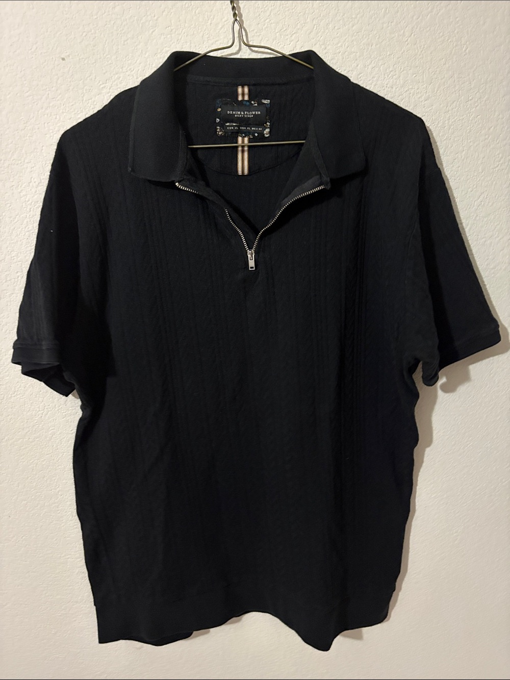 Denim & Flower Ricky Singh knit quarter-zip collar XL black polo ribbed shirt
